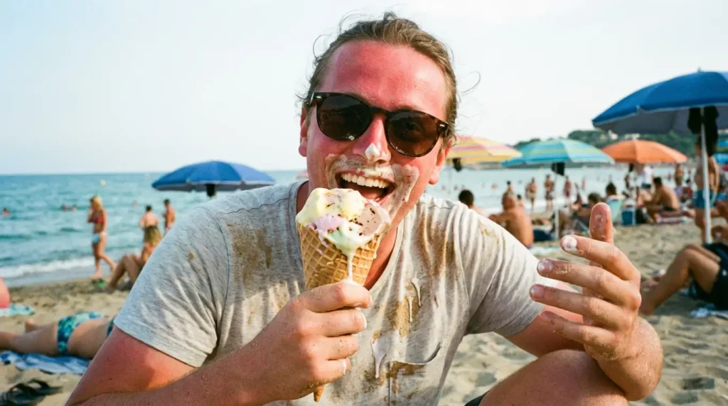 Person messily eating a giant sandwich or ice cream cone on vacation at the beach