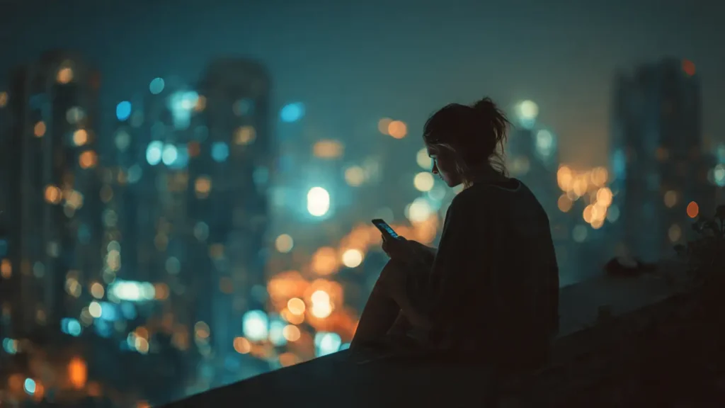 a person sitting with their phone glowing in their hand