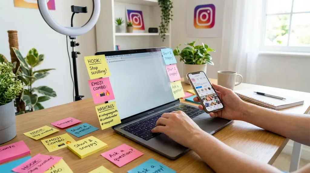 surrounded by sticky notes with short caption ideas