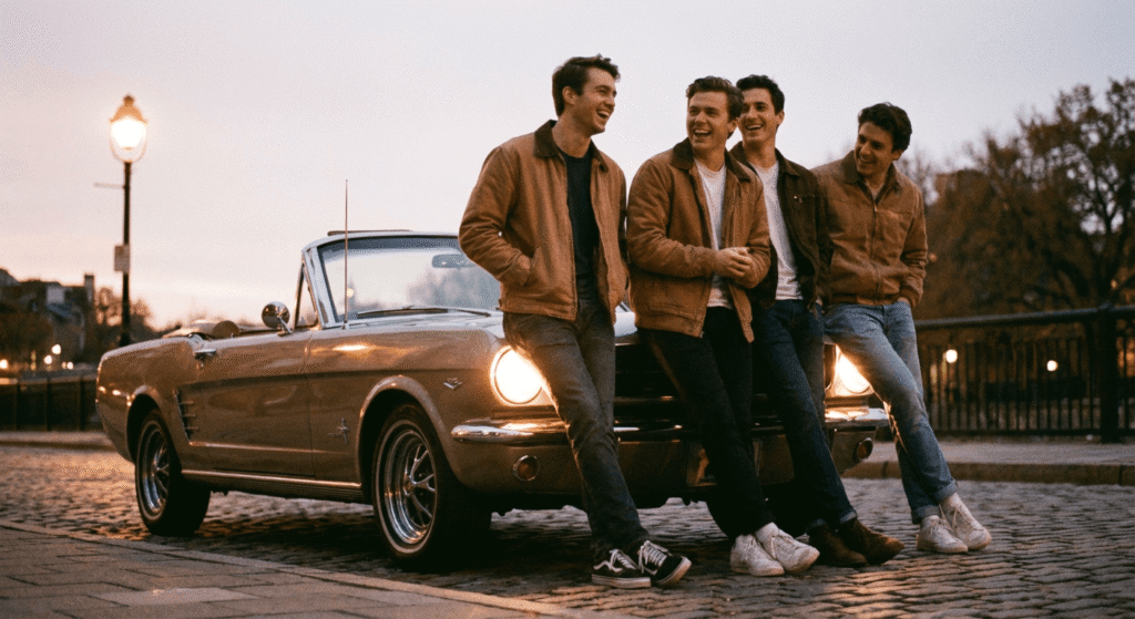low-angle shot of a guy hanging out with friends near a classic car at dusk