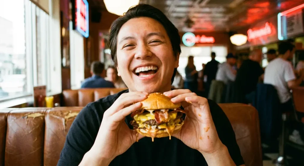 a person laughing while holding a messy, delicious-looking cheeseburger in a softly lit, trendy diner.
